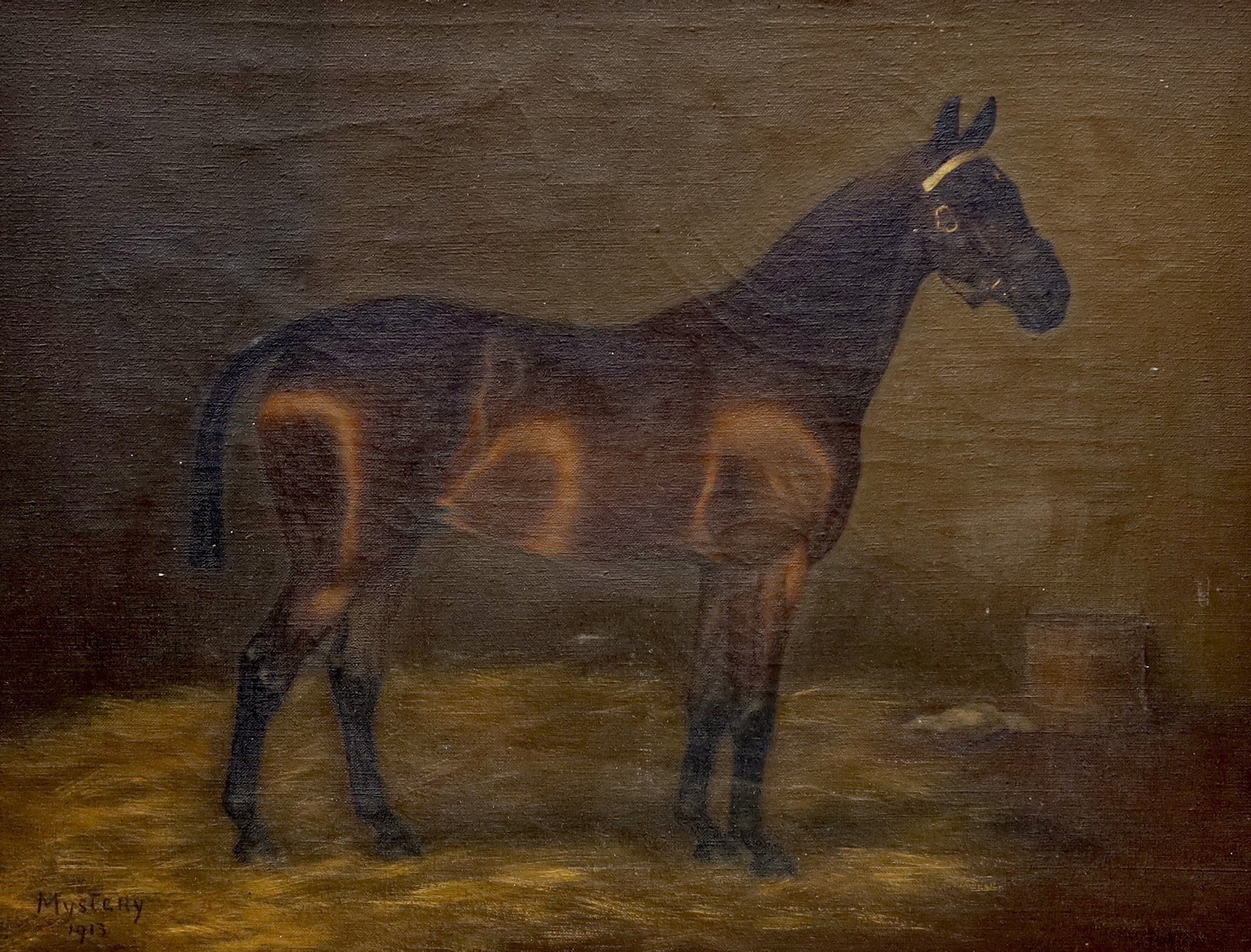 Manner of Frances Mabel Hollams, oil on canvas, Portrait of a horse 'Mystery' in a stable, signed and dated 1913, 40 x 50cm